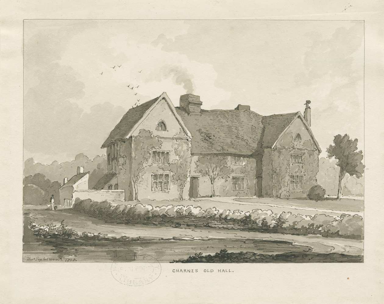 Charnes Hall: rysunek w sepii autorstwa Thomas Peploe Wood