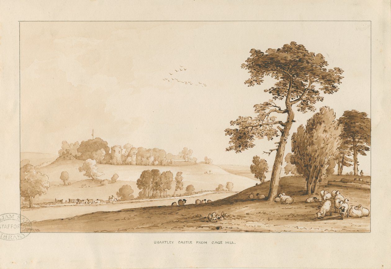 Zamek Chartley: rysunek w odcieniu sepii, 1837 autorstwa Thomas Peploe Wood