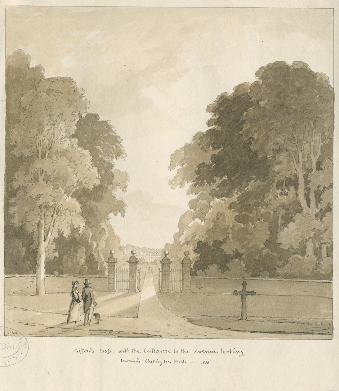 Chillington Hall - „Krzyż Giffarda” : rysunek w sepii, 1838 autorstwa Thomas Peploe Wood