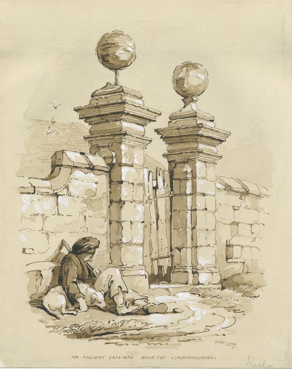 Colwich - Ancient Gateway at Bank Top: rysunek w sepii autorstwa Thomas Peploe Wood