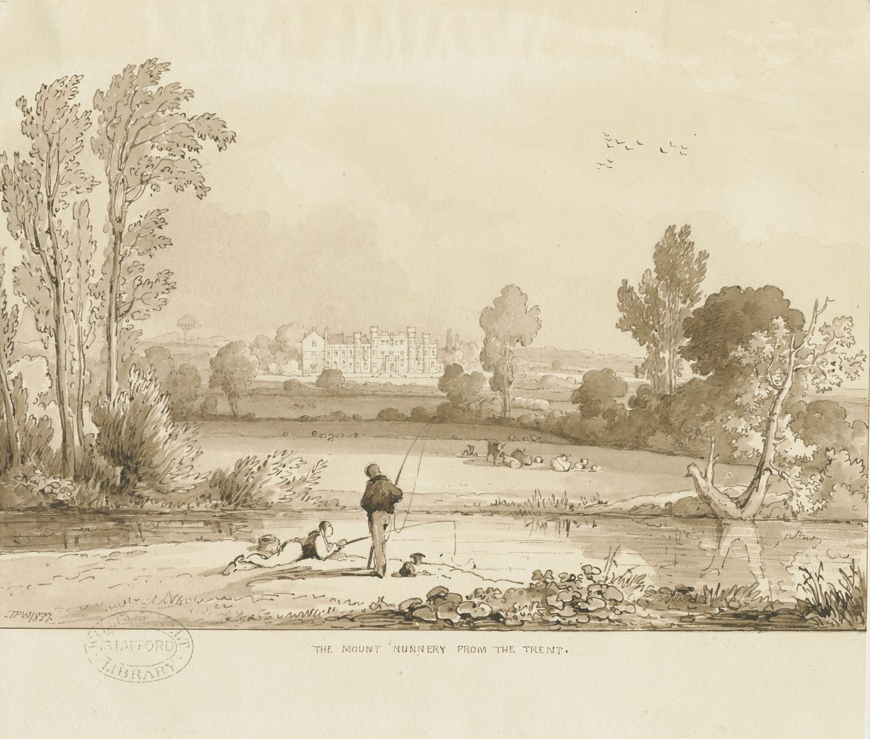 Colwich - The Mount Nunnery: rysunek rozmyty w sepii, 1837 autorstwa Thomas Peploe Wood