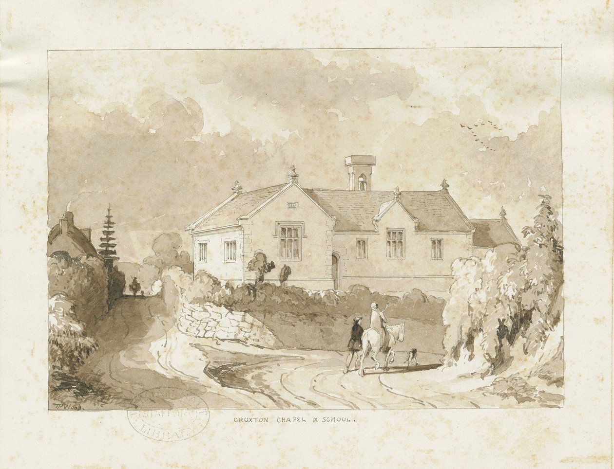 Croxden - Kappeli ja koulu: seepiapesupiirustus, nd [1817-1845] (piirustus)kiillotus autorstwa Thomas Peploe Wood