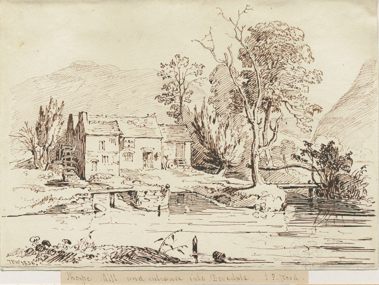 Dovedale - Thorpe Mill: rysunek piórkiem i sepii autorstwa Thomas Peploe Wood