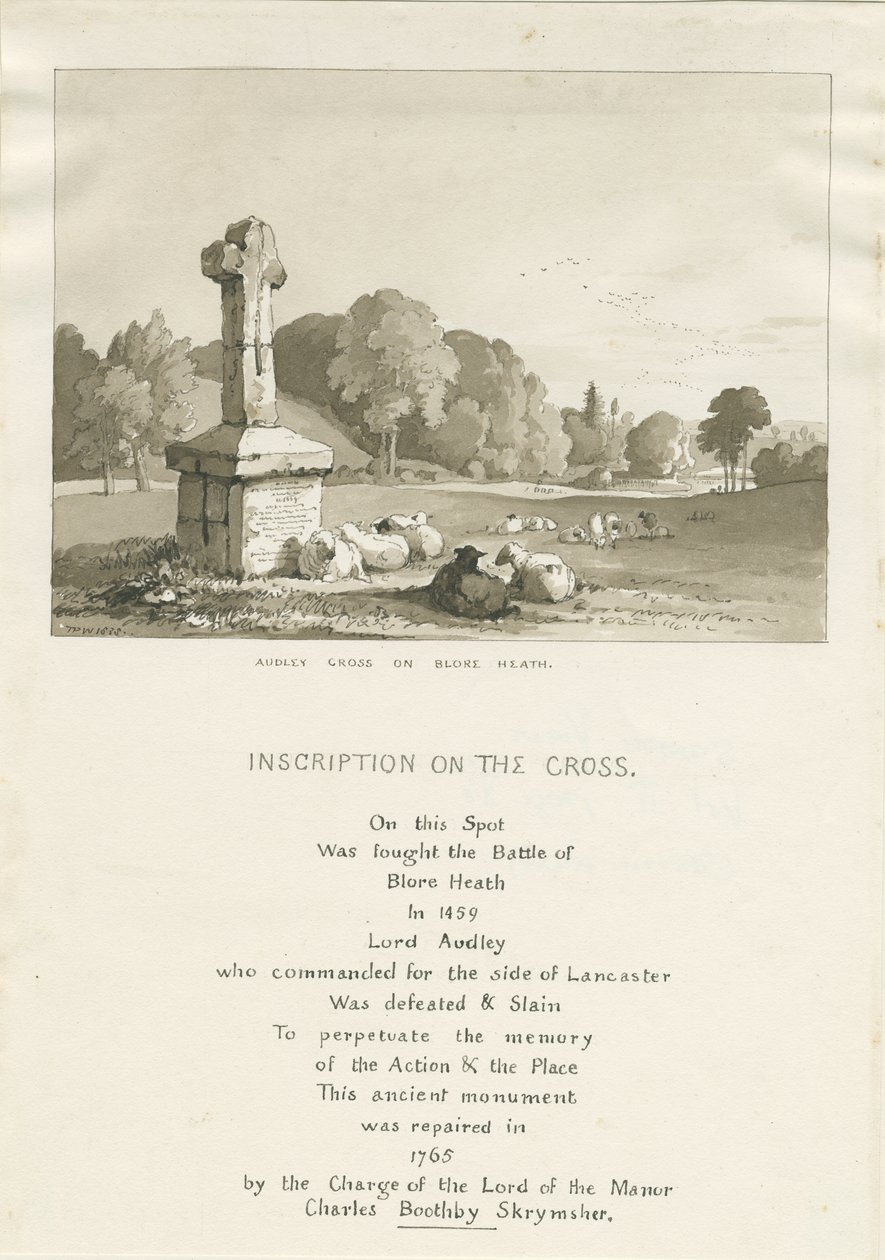 Drayton-in-Hales - „Audley Cross on Blore Heath”: rysunek w sepii autorstwa Thomas Peploe Wood