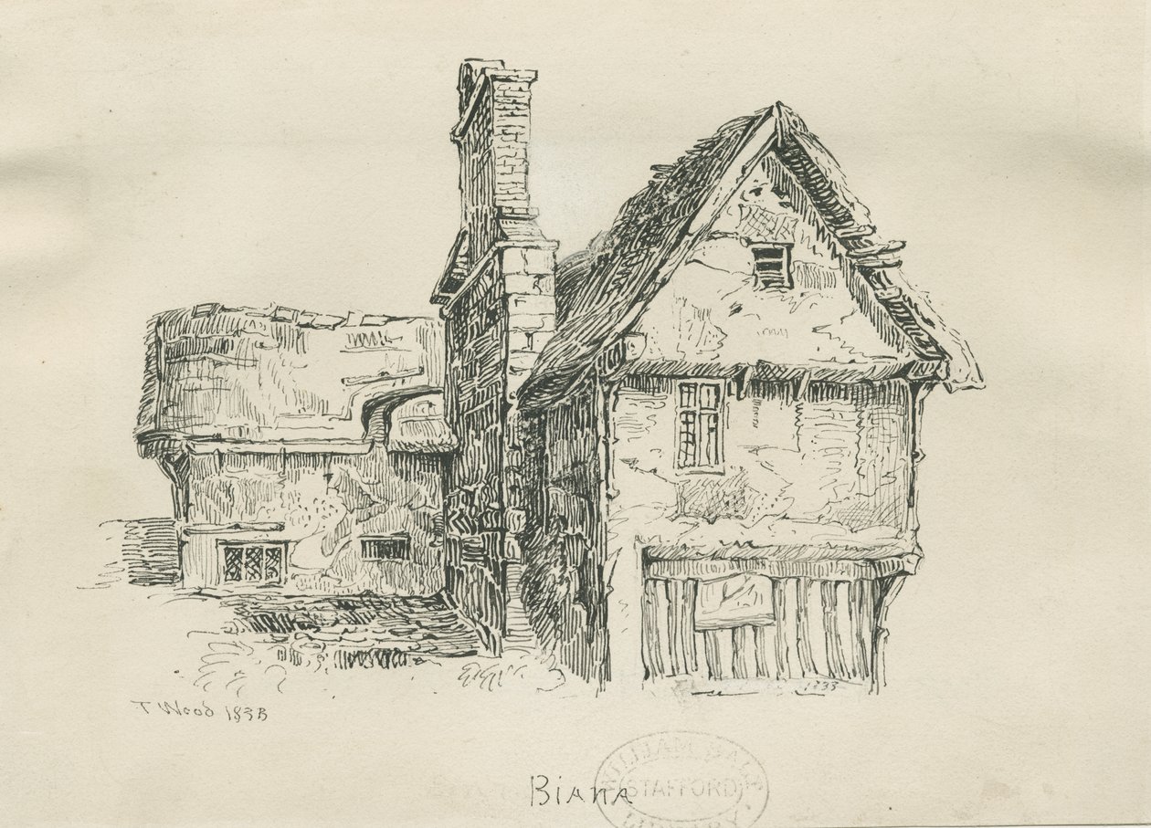 Eccleshall - Biana Hall: rysunek piórem i tuszem, 1833 autorstwa Thomas Peploe Wood