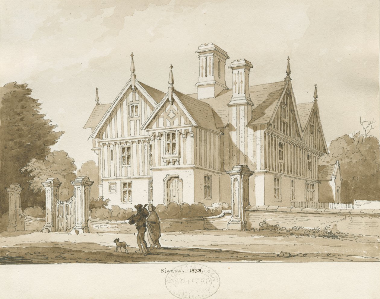 Eccleshall - Biana Hall: rysunek w sepii, 1838 autorstwa Thomas Peploe Wood