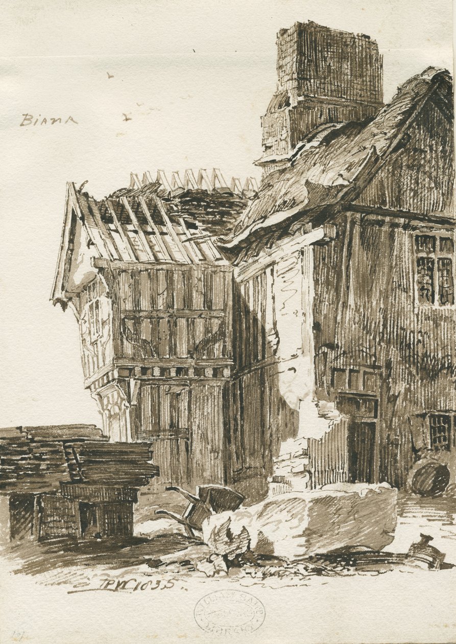 Eccleshall - Biana Hall: rysunek piórem w sepii, 1835 autorstwa Thomas Peploe Wood