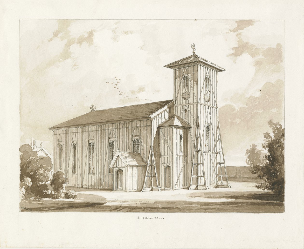 Kościół Ettingshall: rysunek w kolorze sepii, 1841 autorstwa Thomas Peploe Wood