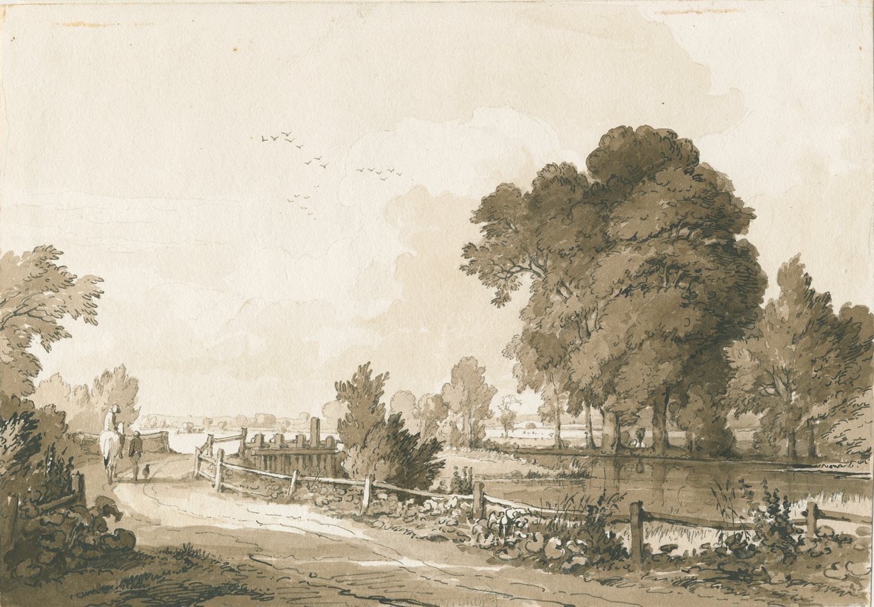 Great Haywood - Floodgates na rzece Trent: rysunek piórem i sepia, 17 lipca 1838 autorstwa Thomas Peploe Wood