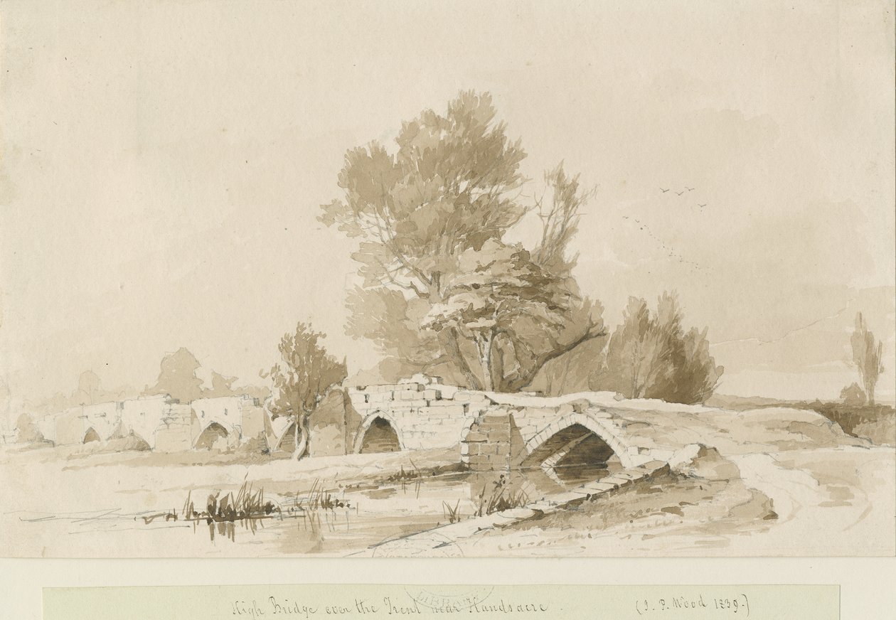 Handsacre - Stary Wysoki Most: rysunek w sepii, 1839 autorstwa Thomas Peploe Wood