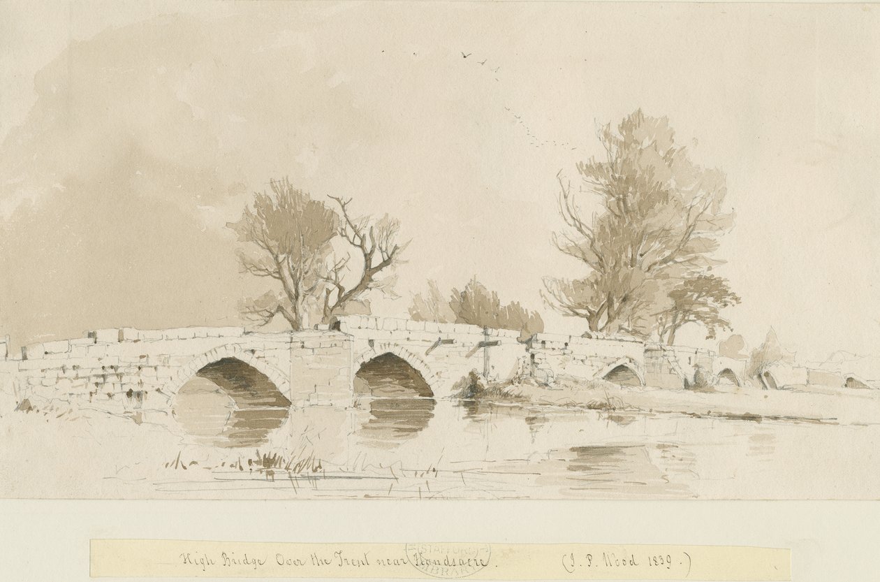 Handsacre - Old High Bridge: rysunek rozmyty w sepii autorstwa Thomas Peploe Wood