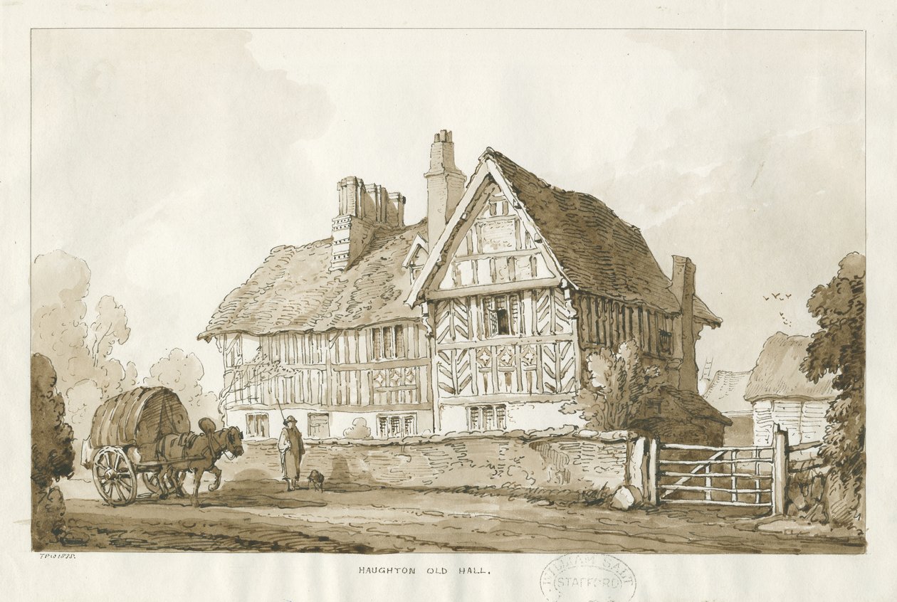 Haughton - Old Hall: rysunek w sepii, 1838 autorstwa Thomas Peploe Wood