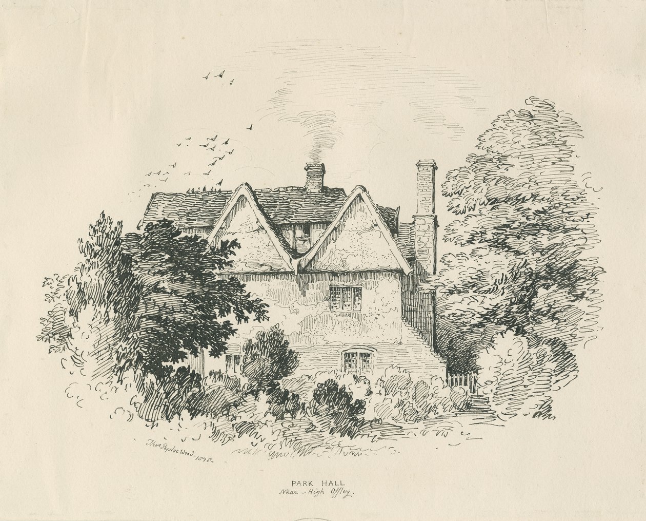 High Offley - Park Hall: rysunek piórem i tuszem (winietowany) autorstwa Thomas Peploe Wood