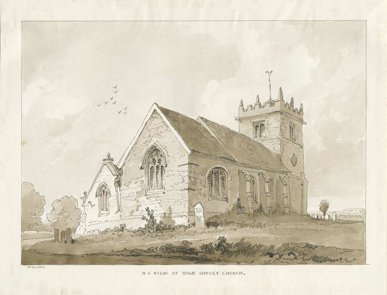High Offley Church: rysunek w sepii autorstwa Thomas Peploe Wood