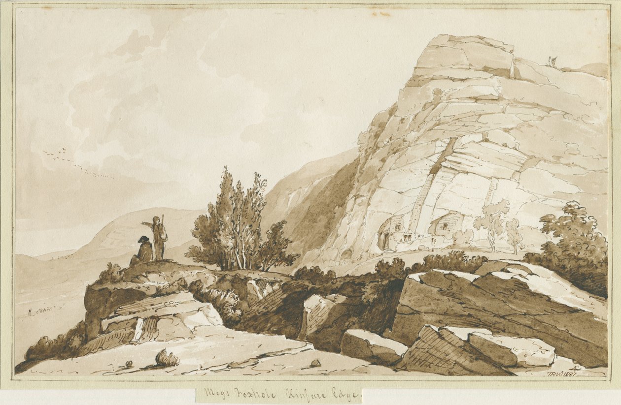 Kinver Edge - „Megs Foxhole”: rysunek w sepii, 1837 autorstwa Thomas Peploe Wood