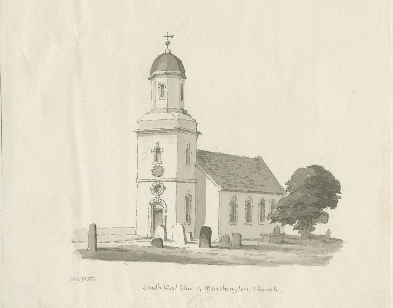 Kościół Marchington: rysunek w kolorze sepii, 1836 autorstwa Thomas Peploe Wood