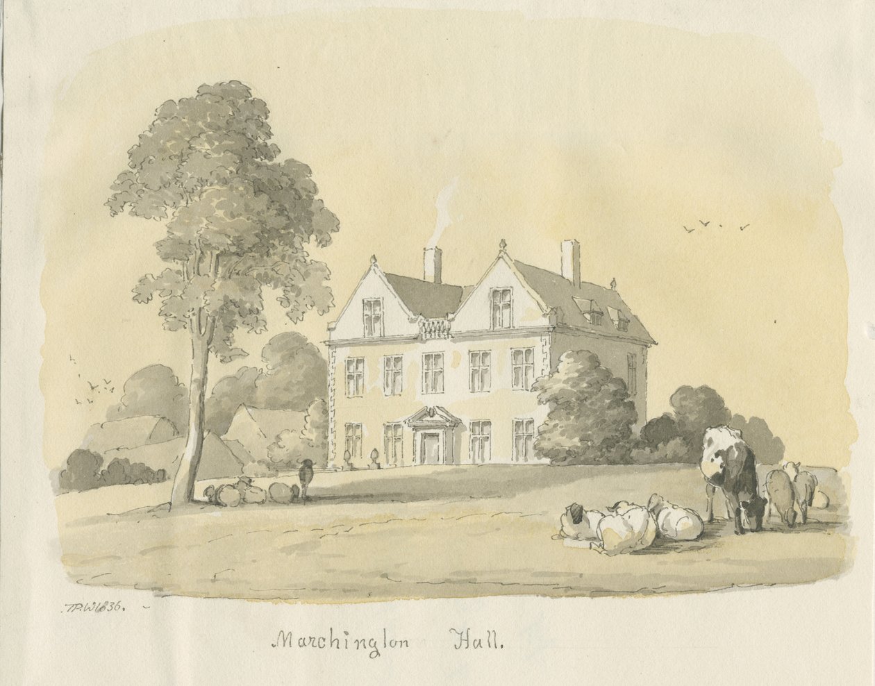 Marchington Hall: farba akwarelowa i malowanie tuszem, 1836 autorstwa Thomas Peploe Wood
