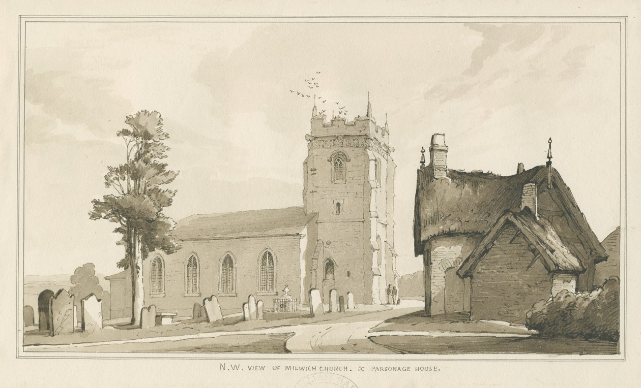 Kościół i plebania w Milwich: rysunek piórkiem, bd [?1838] (rysunek) autorstwa Thomas Peploe Wood