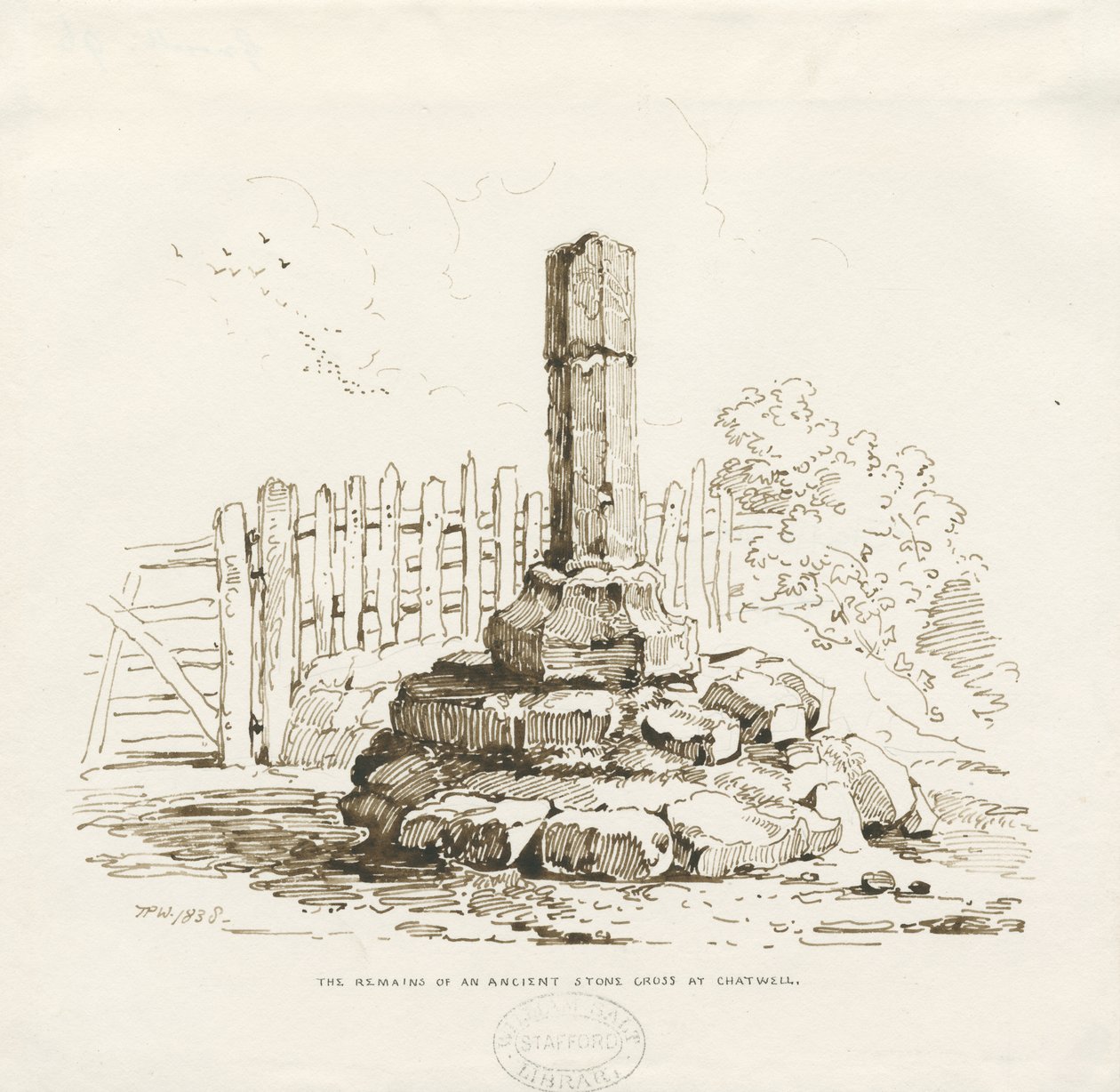 Moreton – Stone Cross pozostaje w Chatwell: rysunek piórem, 1838 autorstwa Thomas Peploe Wood