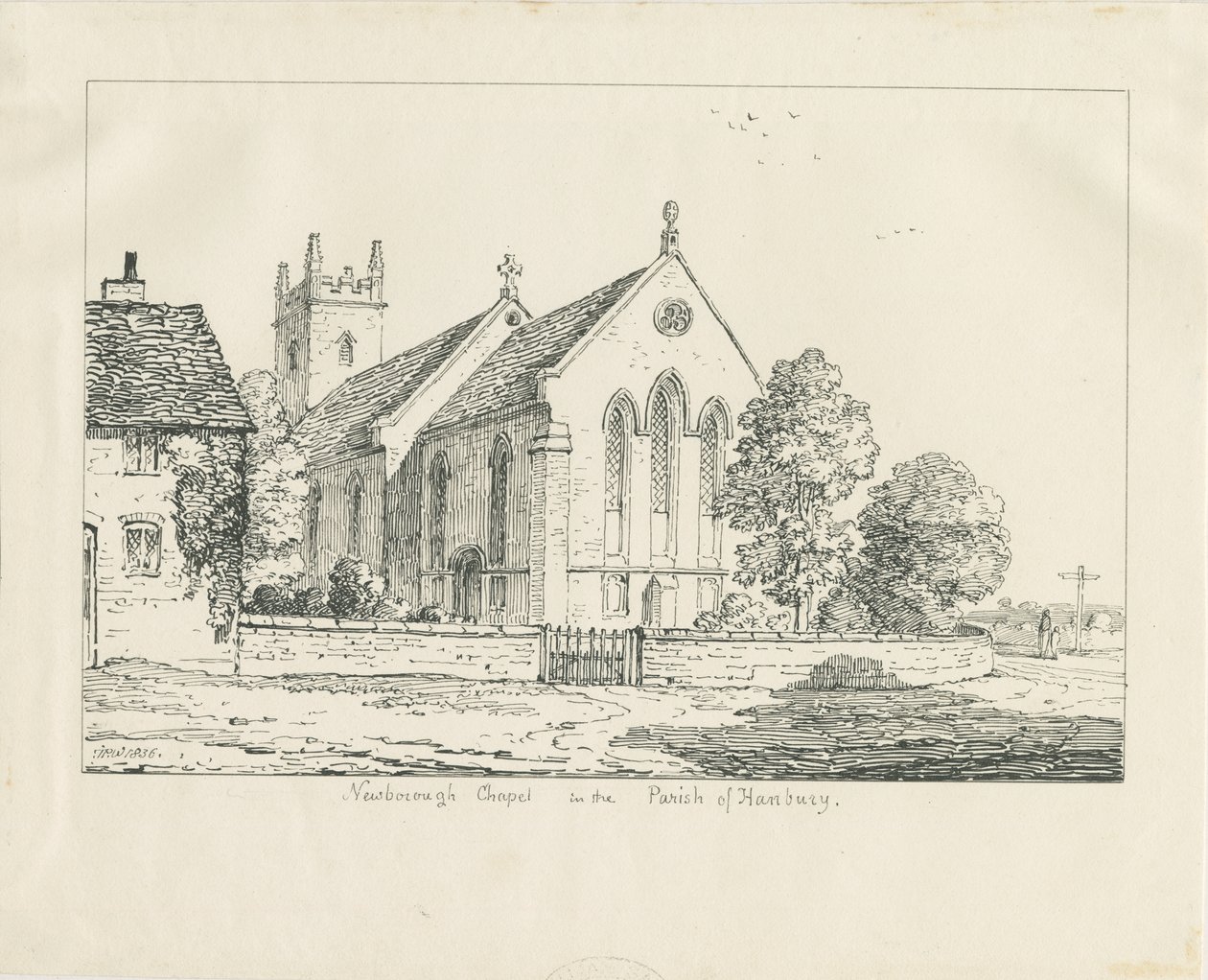 Newborough Church: rysunek piórem i tuszem autorstwa Thomas Peploe Wood