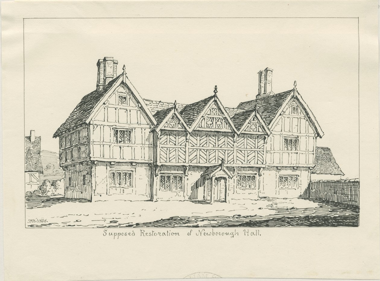 Newborough Hall: rysunek piórem, 1836 autorstwa Thomas Peploe Wood