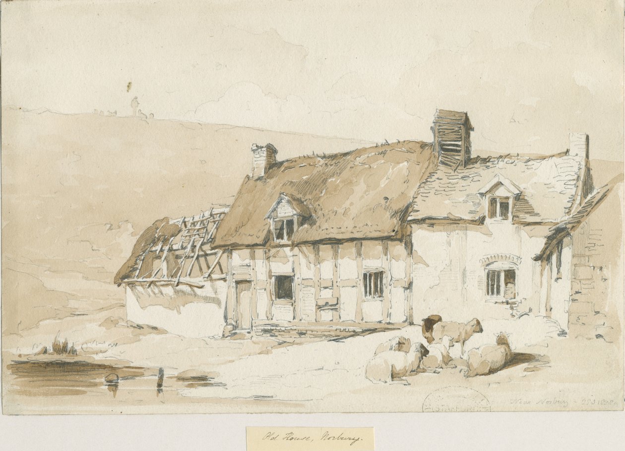 Norbury Village - Stare domy: rysunek w sepii autorstwa Thomas Peploe Wood