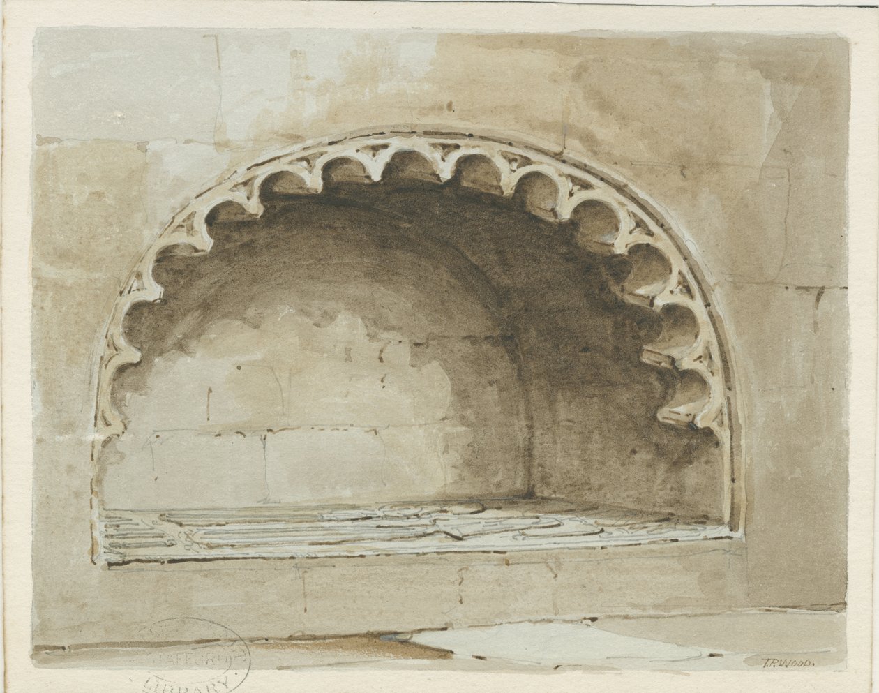 Kościół w Penkridge - Pomnik na ścianie południowej: malarstwo akwarelowe, bd [1817-1845] (malarstwo) autorstwa Thomas Peploe Wood