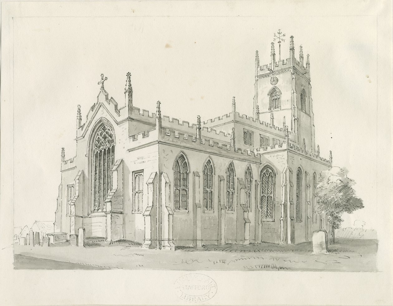Kościół Penkridge: rysunek piórkiem i praniem, bd [1836] (rysunek) autorstwa Thomas Peploe Wood