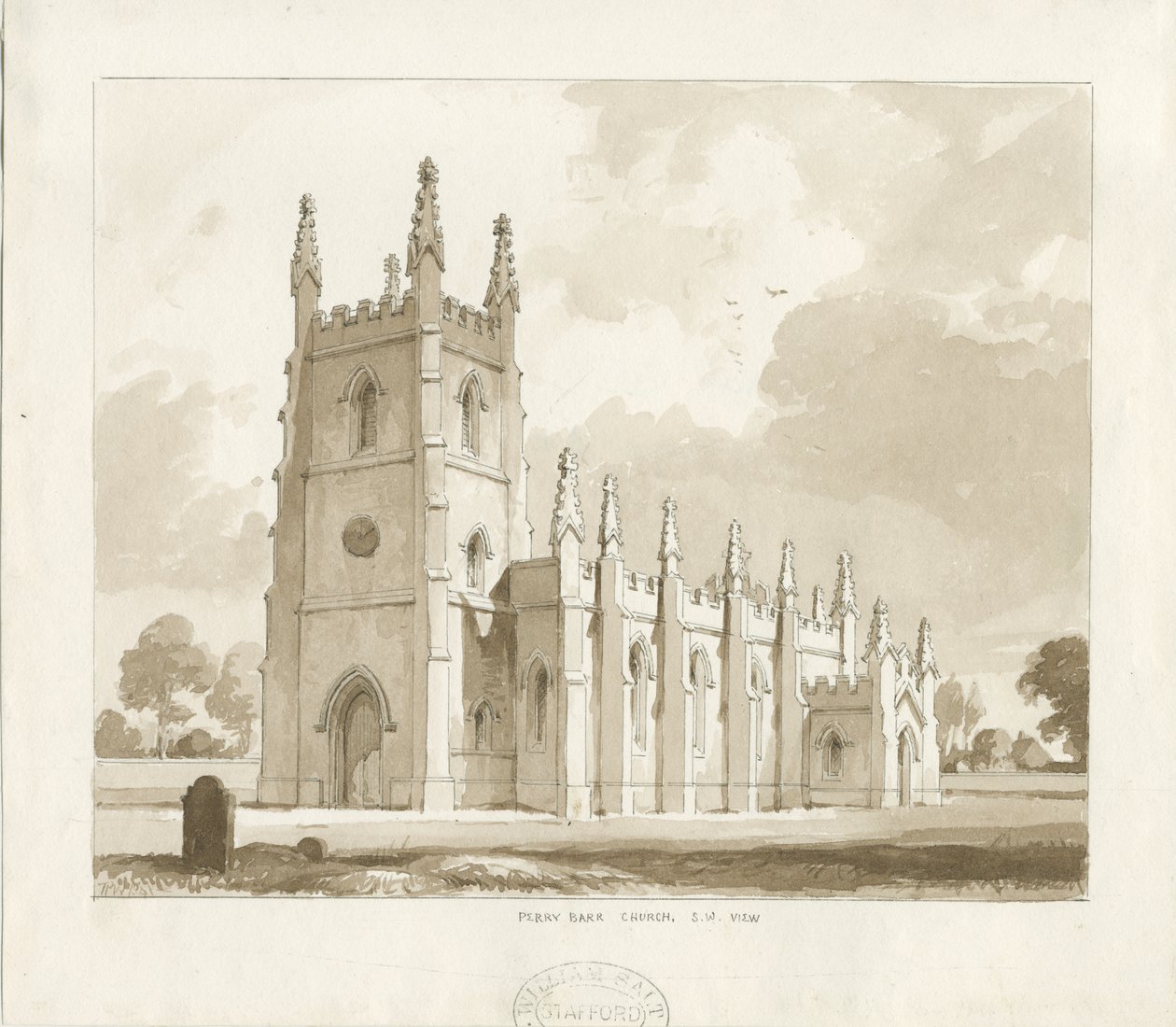 Perry Barr Church: rysunek w sepii autorstwa Thomas Peploe Wood
