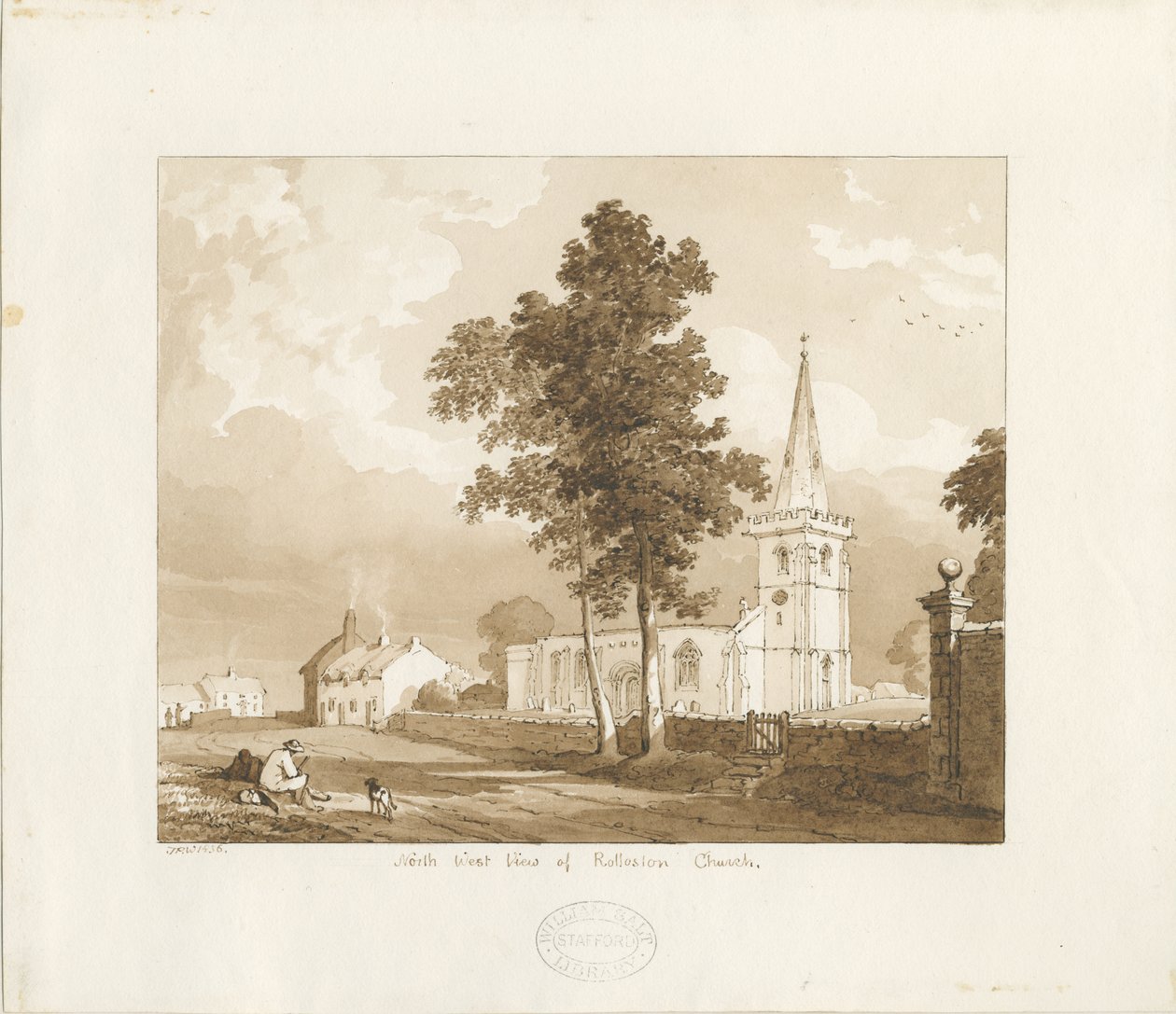 Kościół Rolleston: rysunek w czerwonej sepii, 1836 autorstwa Thomas Peploe Wood