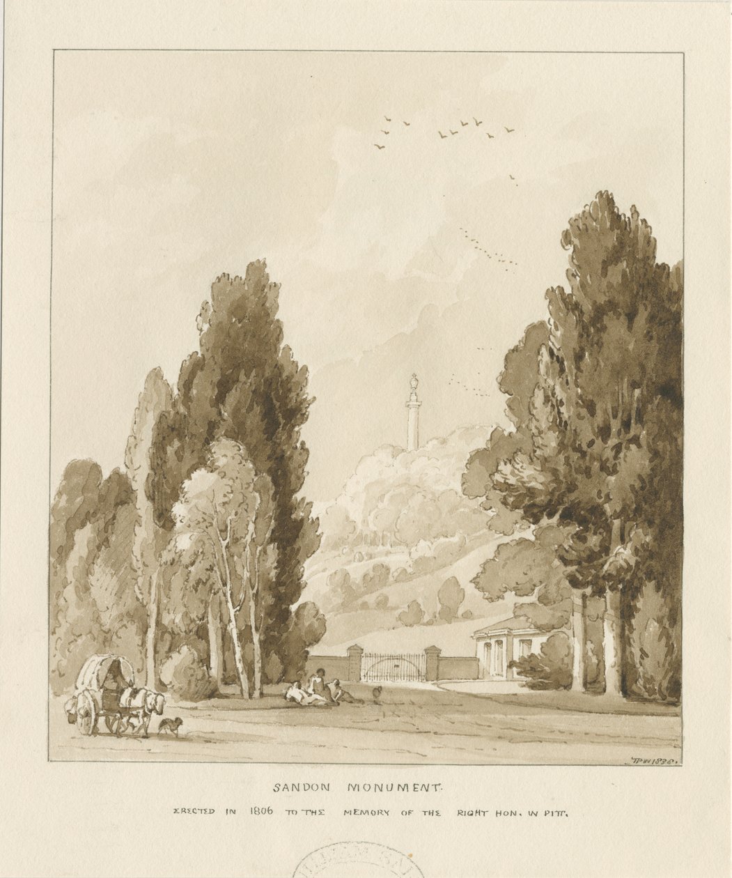 Sandon - Pomnik Williama Pitta: rysunek w sepii, 1838 autorstwa Thomas Peploe Wood