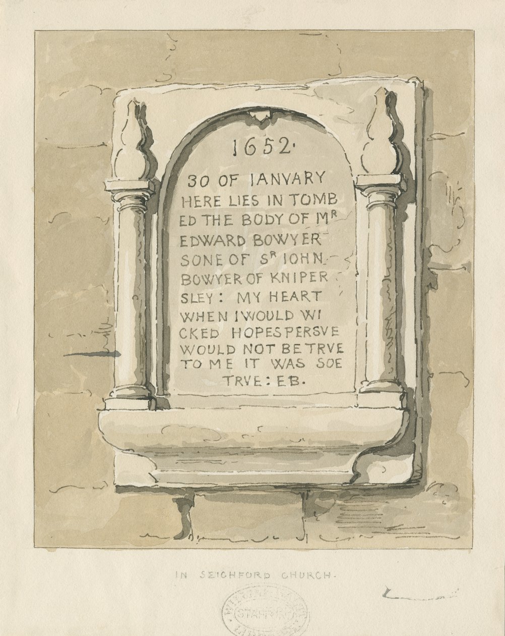 Seighford Church – Kamienna tablica do Edwarda Bowyera: rysunek w sepii, bd [?1838] (rysunek) autorstwa Thomas Peploe Wood