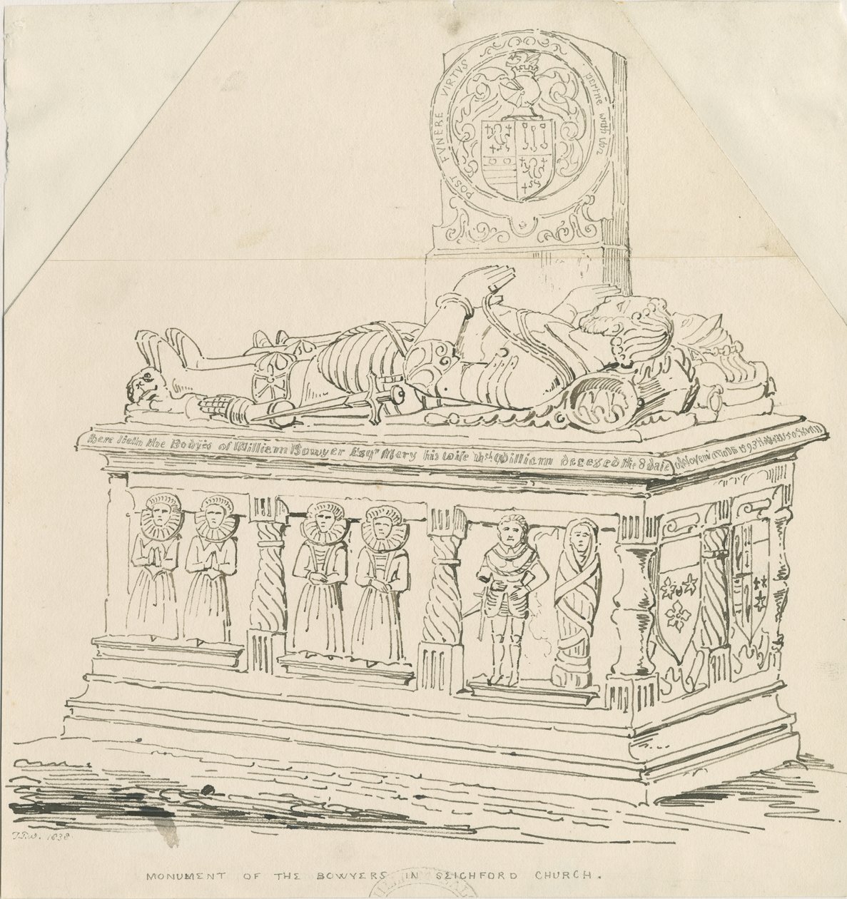 Seighford Church - Grób Williama i Miłosierdzia Bowyer: rysunek piórem i tuszem autorstwa Thomas Peploe Wood