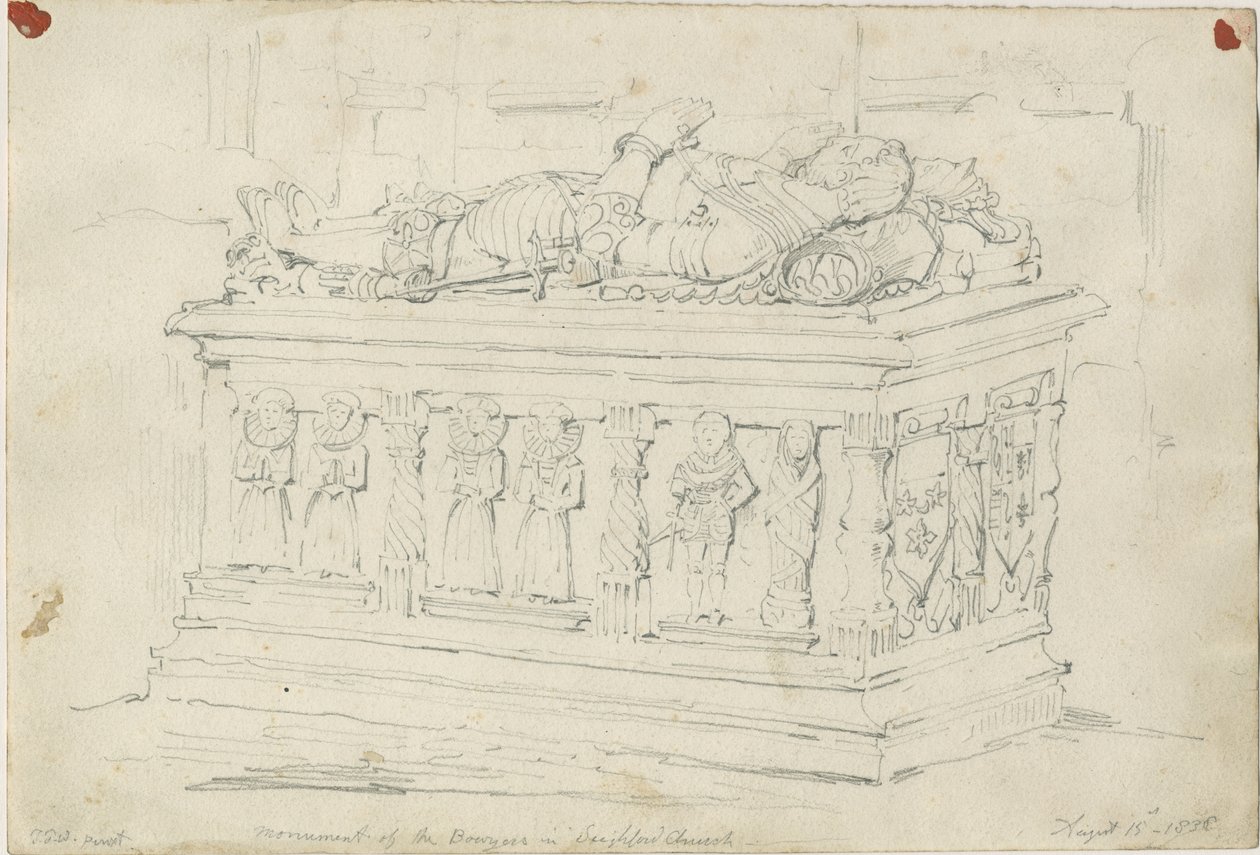 Seighford Church - Grób Williama i Miłosierdzia Bowyer: rysunek ołówkiem autorstwa Thomas Peploe Wood