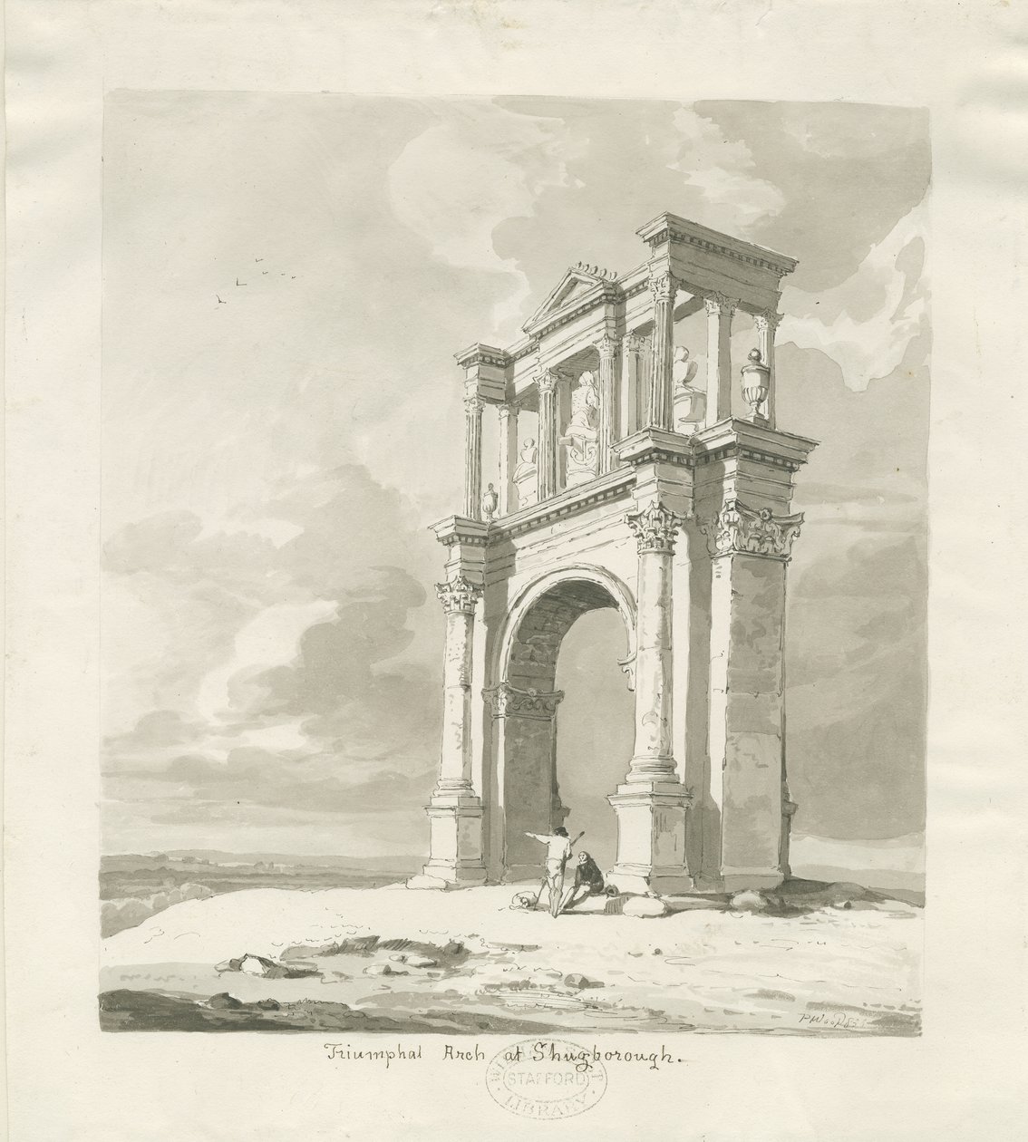 Shugborough - Łuk Triumfalny: rysunek w sepii, 1836 autorstwa Thomas Peploe Wood