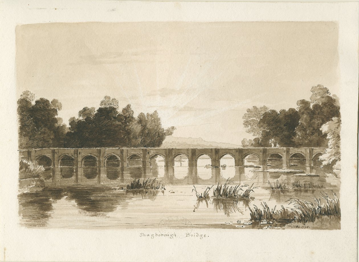 Shugborough Bridge: rysunek w sepii autorstwa Thomas Peploe Wood