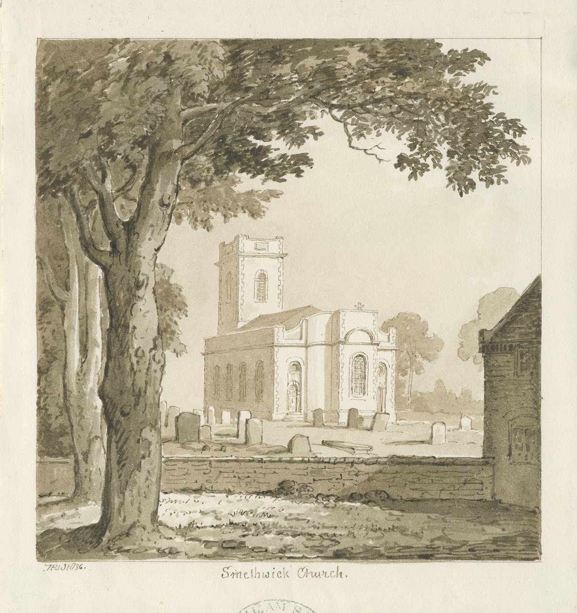 Kościół Smethwick: rysunek w sepii, 1836 autorstwa Thomas Peploe Wood