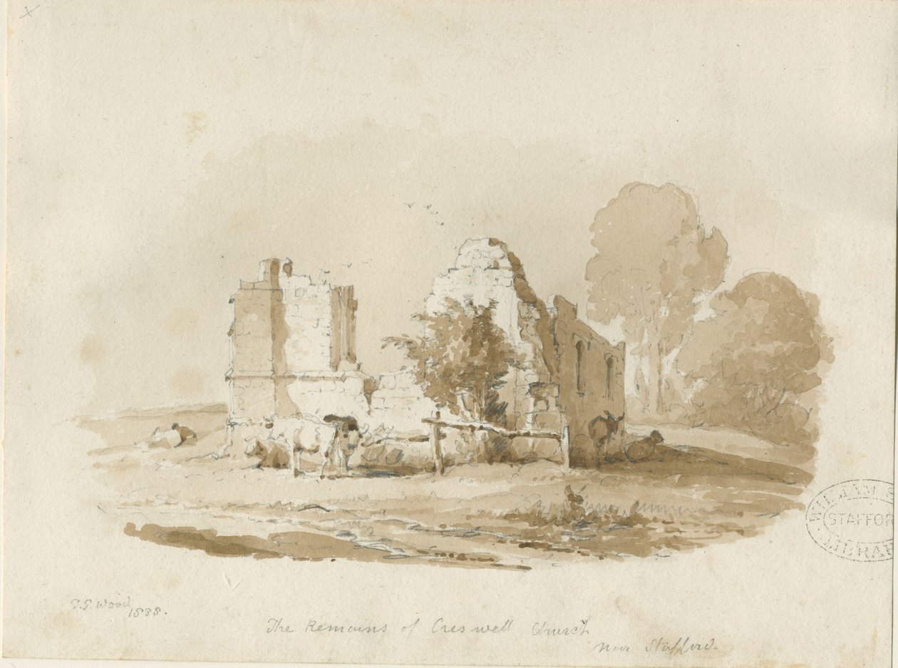 Stafford - Kaplica Creswell: rysunek w sepii (winietowany) autorstwa Thomas Peploe Wood