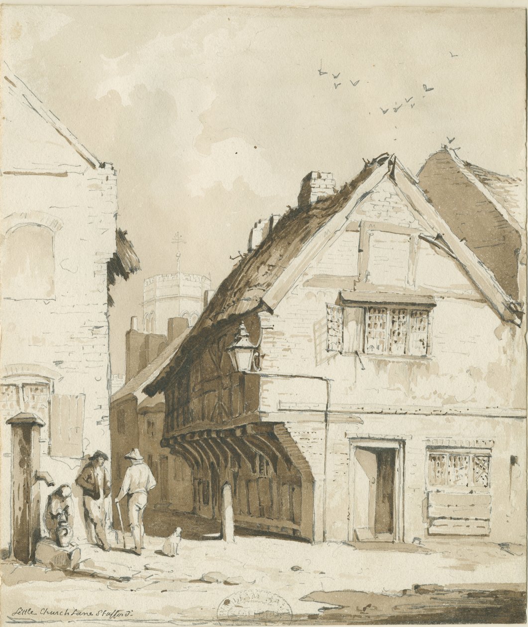 Stafford - Little Church Lane: rysunek w sepii, bd [c 1837] autorstwa Thomas Peploe Wood