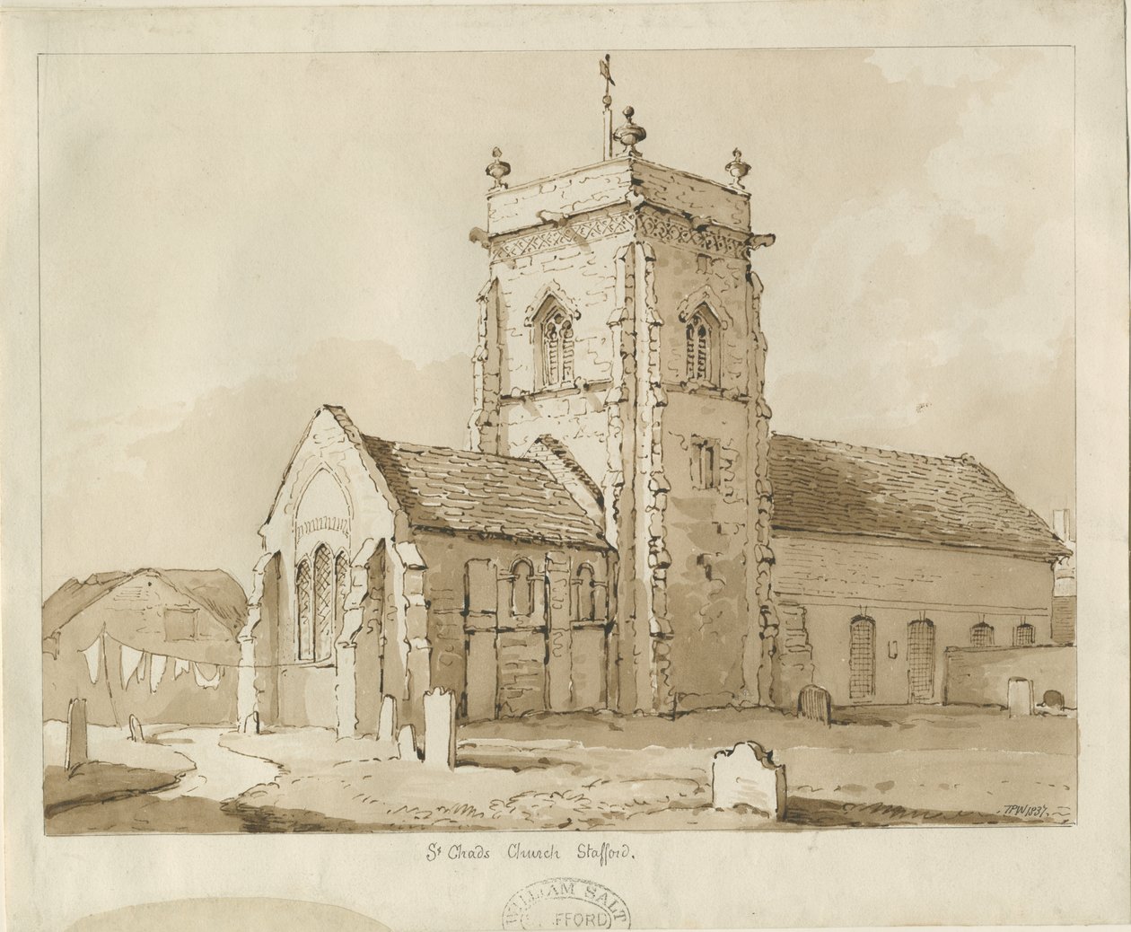 Stafford - Kościół św. Czada: rysunek piórem i sepia, 1837 autorstwa Thomas Peploe Wood