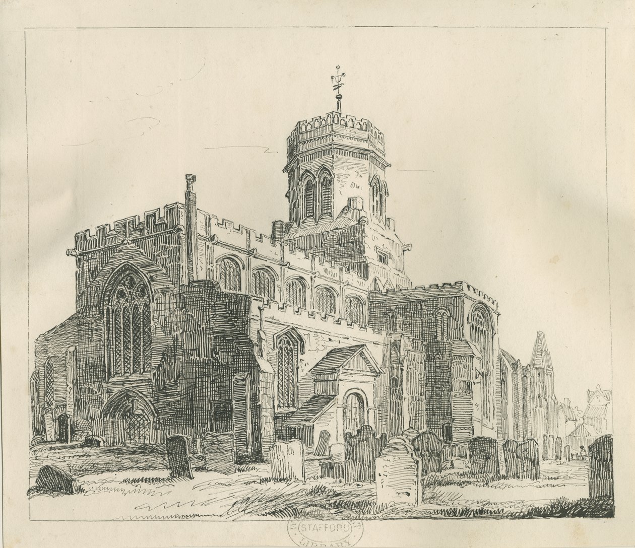 Stafford - Kościół Mariacki: rysunek piórem i tuszem, bd [c 1837] (rysunek) autorstwa Thomas Peploe Wood