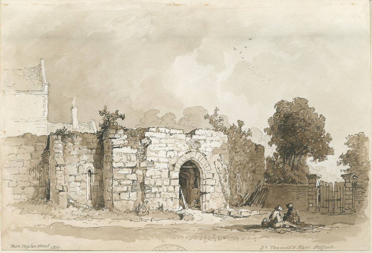 Stafford - St. Thomas" [Przeorat]: rysunek piórem i sepii, 1839 autorstwa Thomas Peploe Wood
