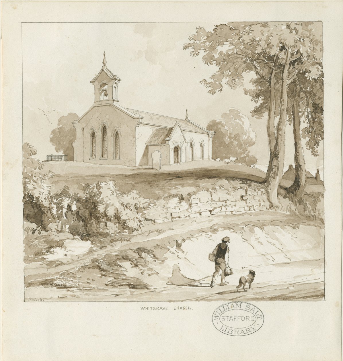 Stafford - Whitgreave Chapel: rysunek w sepii, bd [c 1838] (rysunek) autorstwa Thomas Peploe Wood