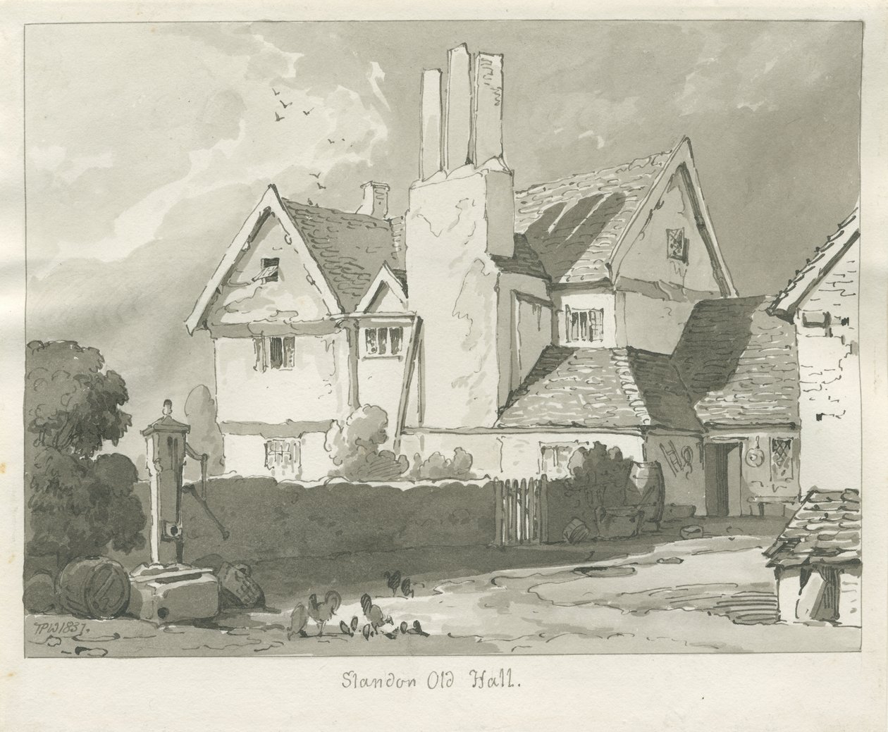 Standon Hall: rysunek w sepii autorstwa Thomas Peploe Wood