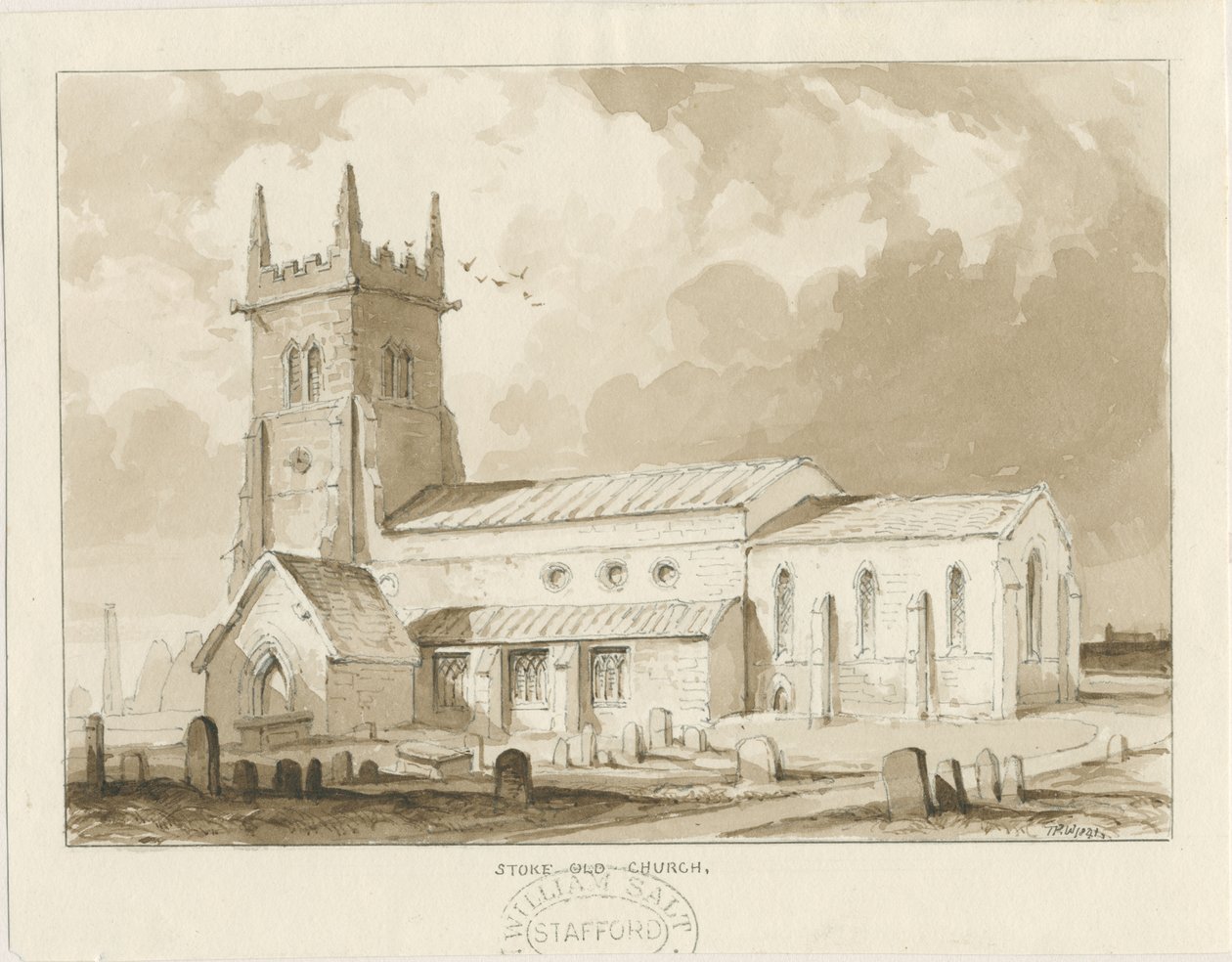 Kościół Stoke-upon-Trent [Stary]: rysunek w sepii, 1841 autorstwa Thomas Peploe Wood