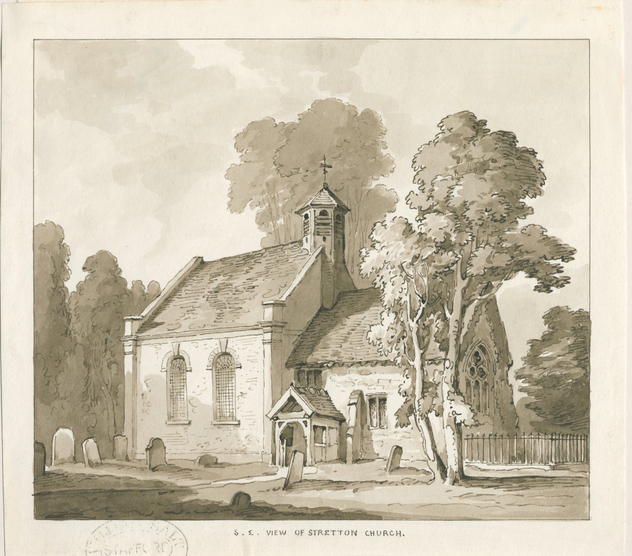 Kościół Stretton: rysunek w odcieniu sepii, nd [?1838] autorstwa Thomas Peploe Wood