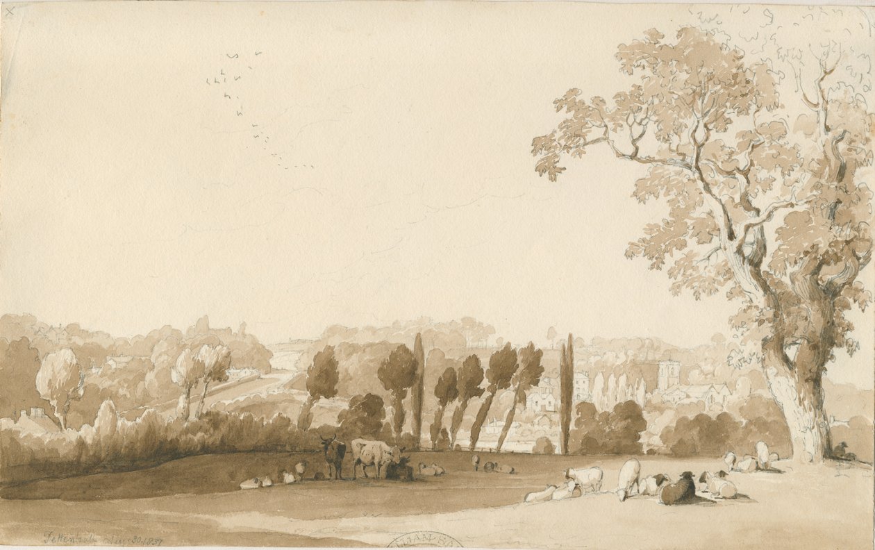 Tettenhall - Daleki widok z południowego wschodu: rysunek ołówkiem i wash, 30 sierpnia 1837 autorstwa Thomas Peploe Wood