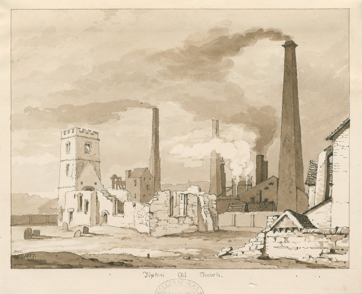 Tipton Old Church: rysunek w sepii, 1837 autorstwa Thomas Peploe Wood