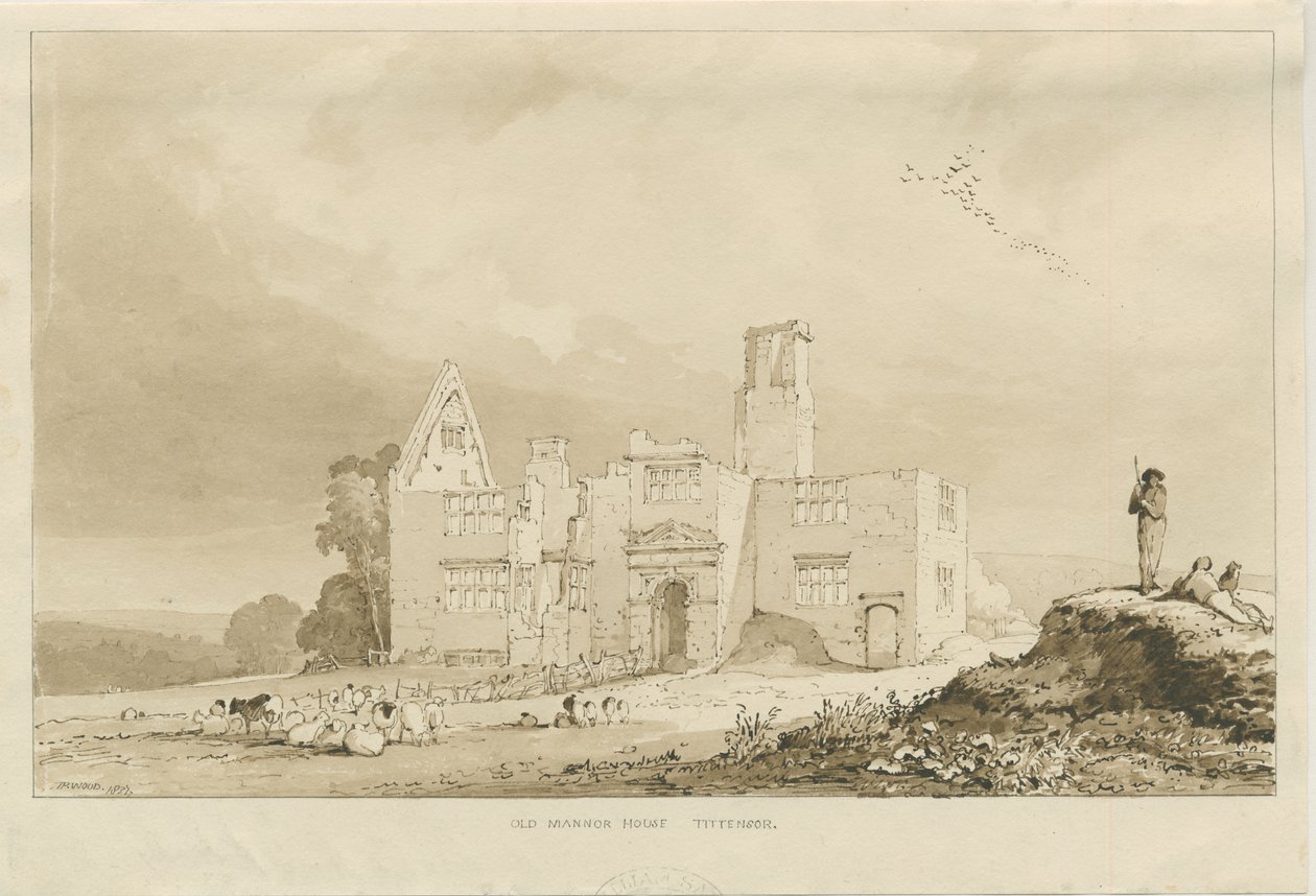 Tittensor - Stary Dwór: rysunek rozmyty sepii, 1837 autorstwa Thomas Peploe Wood