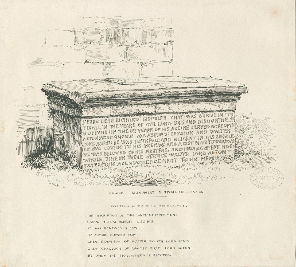 Tixall Church Yard - Table Tomb: rysunek piórem i tuszem autorstwa Thomas Peploe Wood